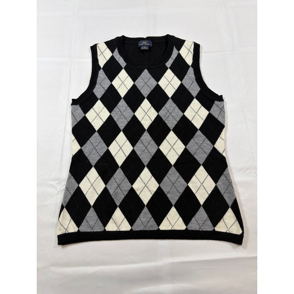 Brooks Brothers 346  M Black Argyle 100% Merino Wool Sleeveless Sweater Vest